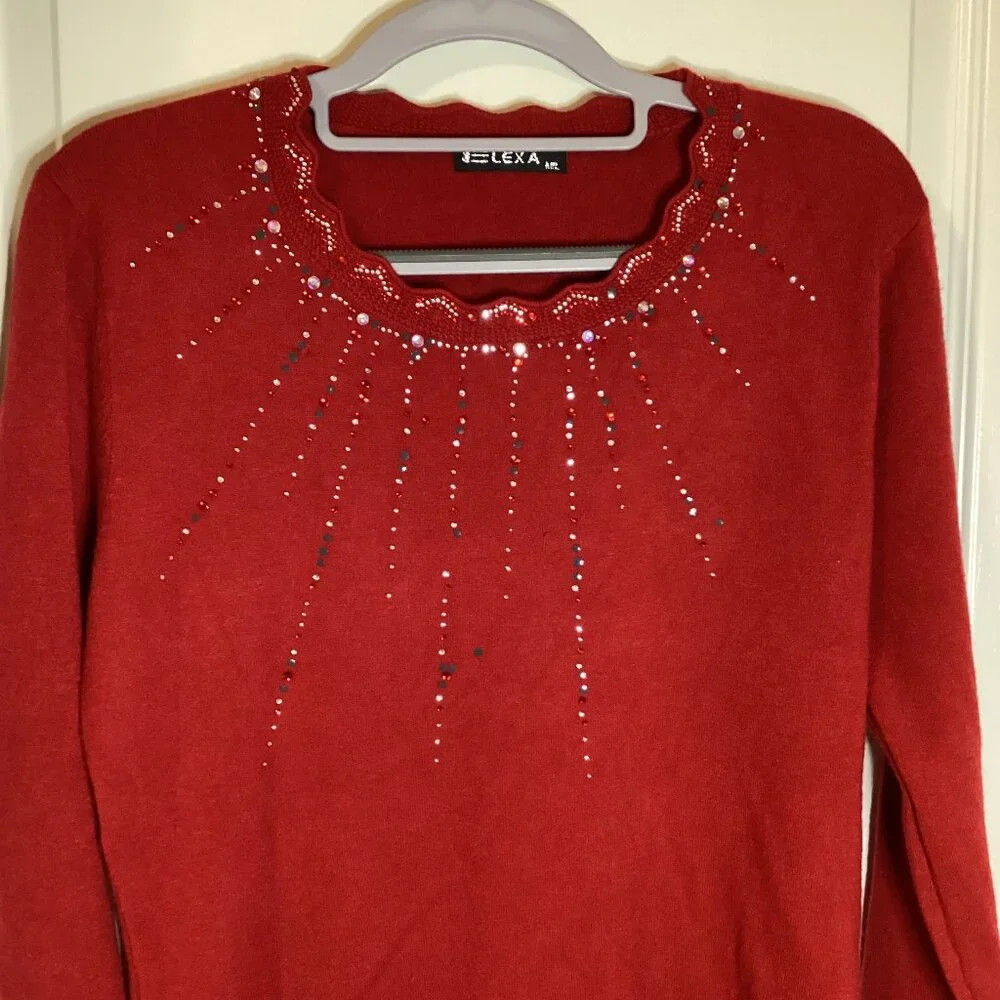 Elexa Women's Red Sweater Size M/L Wool Blend Rhinestones Scalloped Neck Party - Picture 3 of 9